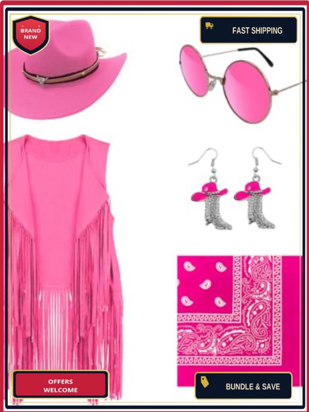 Faux Suede Fringe Vest Cowgirl Costume Set Hat Earrings Glasses Bandana